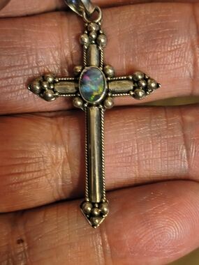 Vintage Handmade Sterling Silver Cross Pendant with Black Opal Cabochon